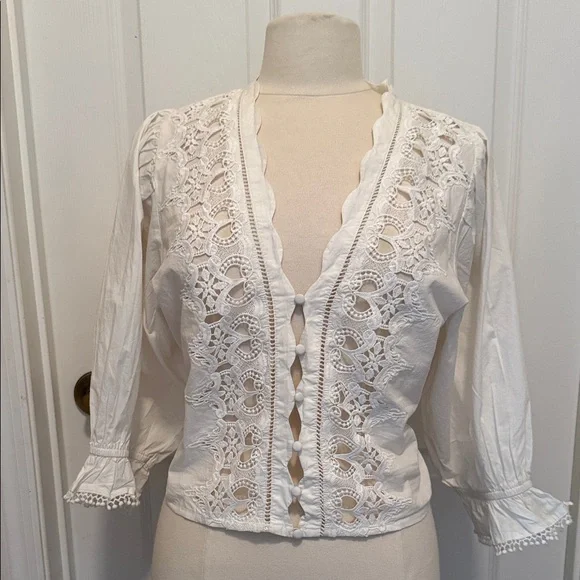 NWT - Free People White Crochet Lace V-Neck Blouse (sz - med) - Picture 2 of 7